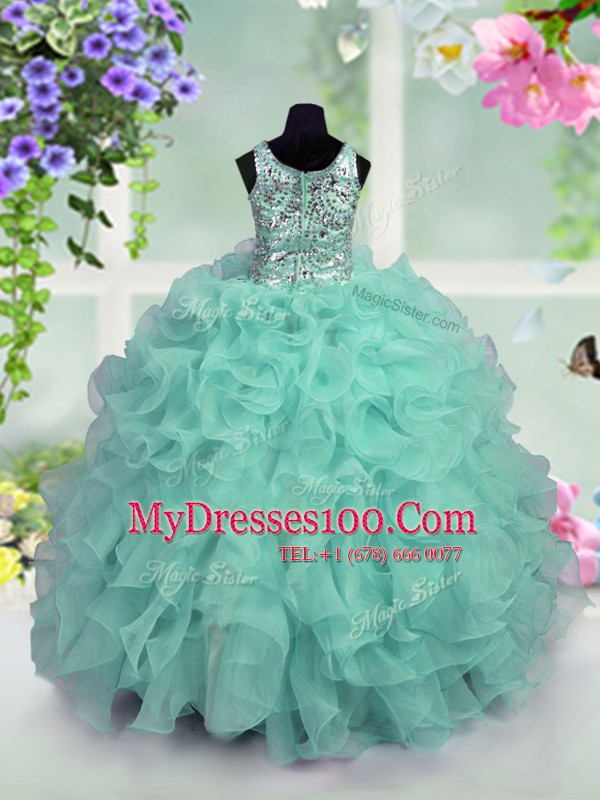 Fabulous Scoop Turquoise Sleeveless Floor Length Ruffles and Sequins Zipper Flower Girl Dresses for Less