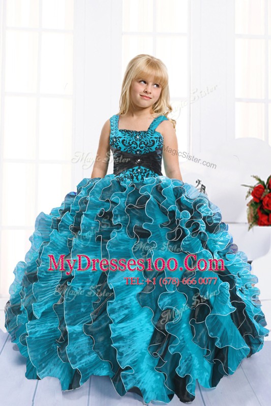 Captivating Turquoise Ball Gowns Beading and Ruffles Toddler Flower Girl Dress Lace Up Organza Sleeveless Floor Length
