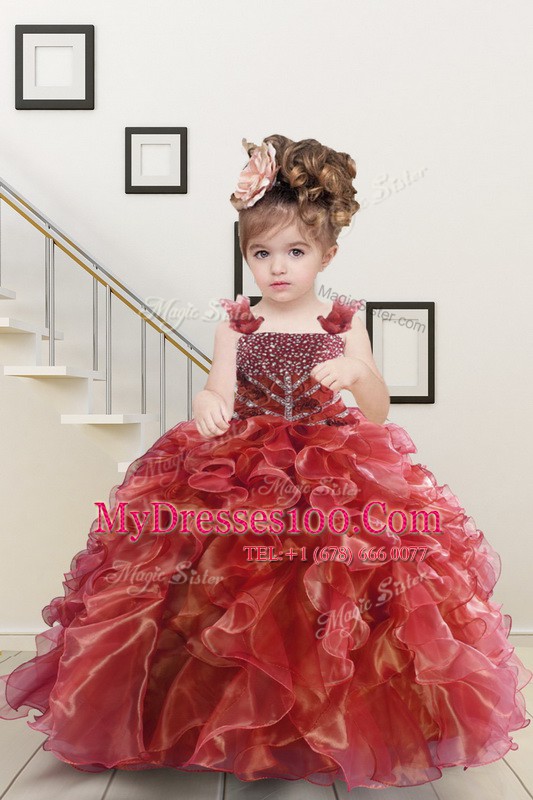 Floor Length Watermelon Red Toddler Flower Girl Dress Organza Sleeveless Beading and Ruffles