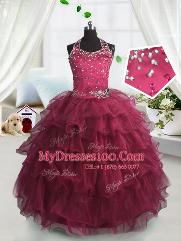 Charming Ruffled Scoop Sleeveless Lace Up Flower Girl Dresses Watermelon Red Organza