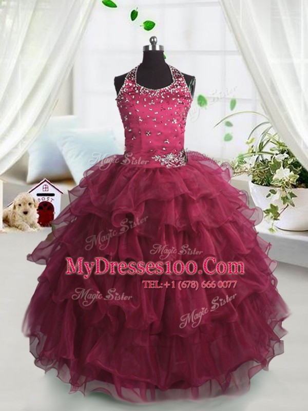 Charming Ruffled Scoop Sleeveless Lace Up Flower Girl Dresses Watermelon Red Organza
