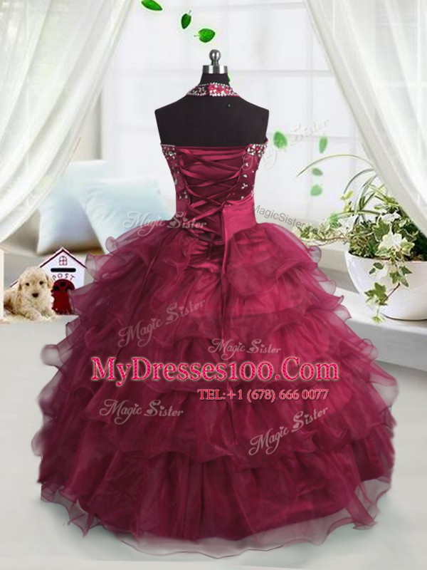 Charming Ruffled Scoop Sleeveless Lace Up Flower Girl Dresses Watermelon Red Organza