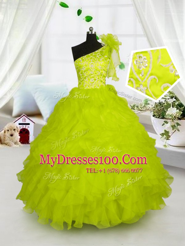 Fantastic One Shoulder Sleeveless Floor Length Embroidery and Ruffles Lace Up Pageant Gowns For Girls with Yellow Green