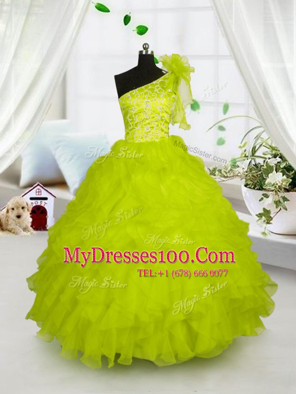 Fantastic One Shoulder Sleeveless Floor Length Embroidery and Ruffles Lace Up Pageant Gowns For Girls with Yellow Green