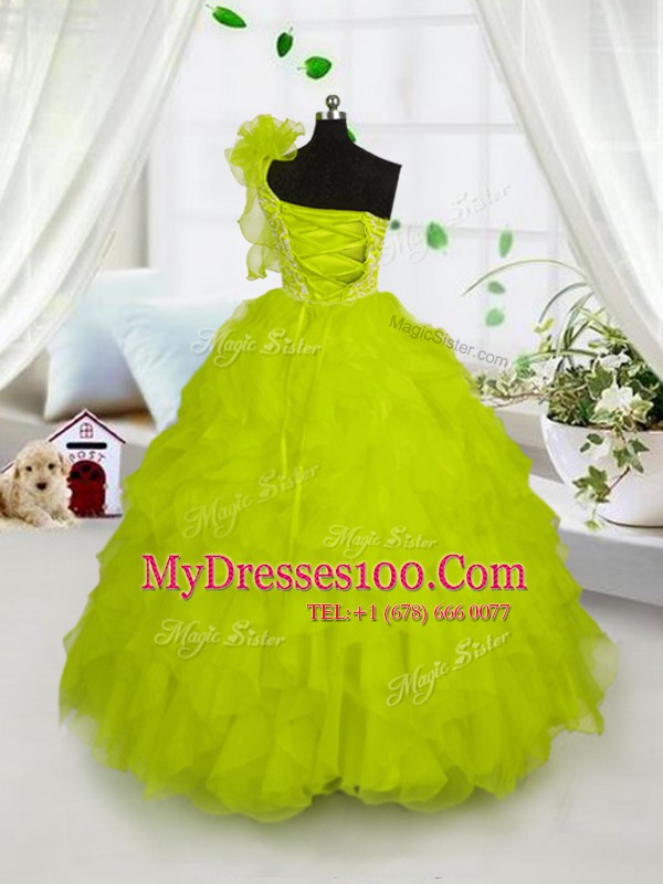 Fantastic One Shoulder Sleeveless Floor Length Embroidery and Ruffles Lace Up Pageant Gowns For Girls with Yellow Green