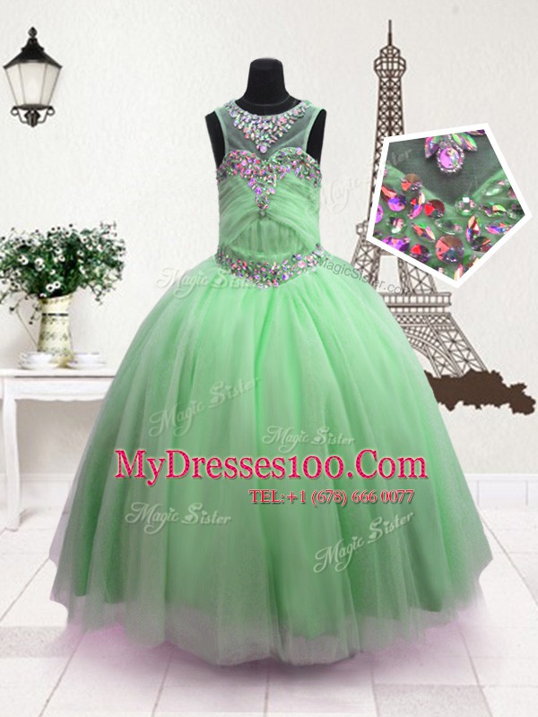Scoop Sleeveless Flower Girl Dress Floor Length Beading Apple Green Organza