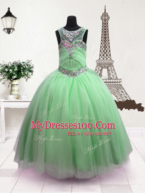 Scoop Sleeveless Flower Girl Dress Floor Length Beading Apple Green Organza
