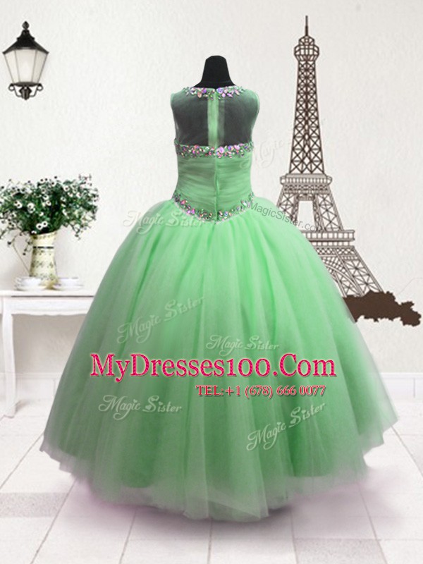 Scoop Sleeveless Flower Girl Dress Floor Length Beading Apple Green Organza