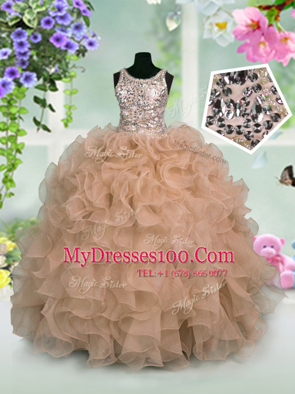 Scoop Organza Sleeveless Floor Length Little Girls Pageant Gowns and Ruffles and Sequins