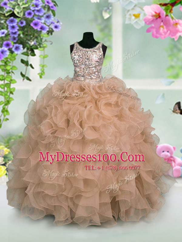 Scoop Organza Sleeveless Floor Length Little Girls Pageant Gowns and Ruffles and Sequins