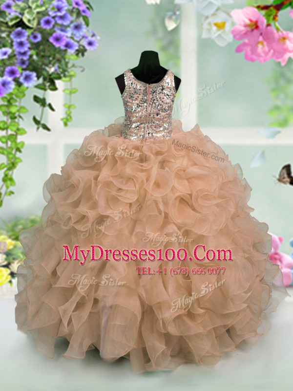 Scoop Organza Sleeveless Floor Length Little Girls Pageant Gowns and Ruffles and Sequins