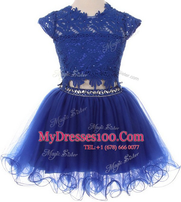 Nice Scoop Cap Sleeves Girls Pageant Dresses Mini Length Beading and Lace Blue Tulle