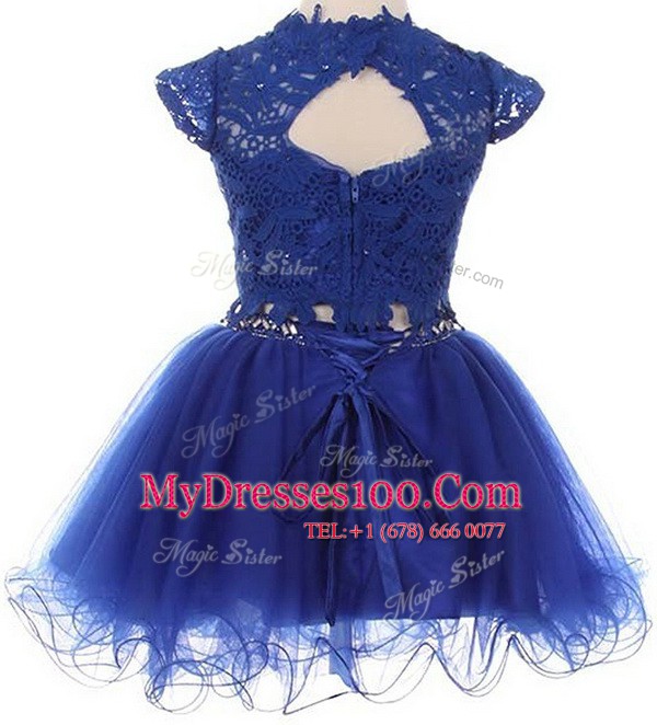Nice Scoop Cap Sleeves Girls Pageant Dresses Mini Length Beading and Lace Blue Tulle