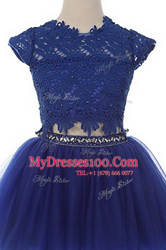 Nice Scoop Cap Sleeves Girls Pageant Dresses Mini Length Beading and Lace Blue Tulle