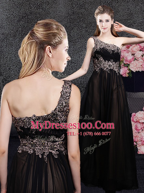 Black Tulle Side Zipper One Shoulder Sleeveless Floor Length Evening Party Dresses Appliques