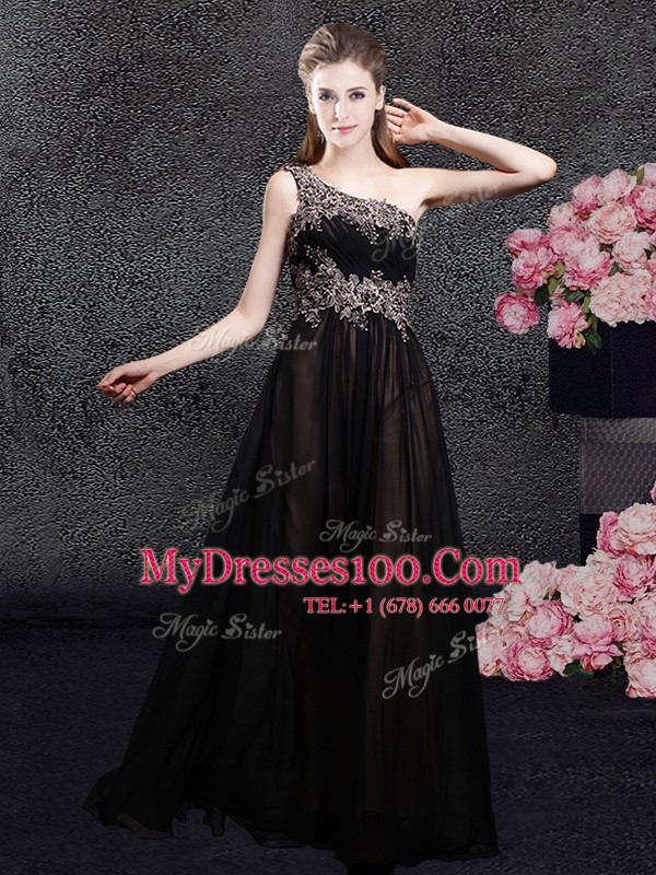 Black Tulle Side Zipper One Shoulder Sleeveless Floor Length Evening Party Dresses Appliques