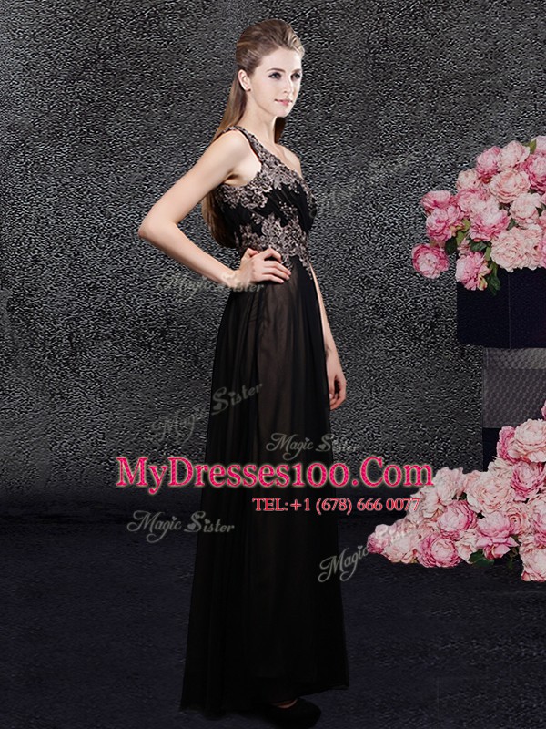 Black Tulle Side Zipper One Shoulder Sleeveless Floor Length Evening Party Dresses Appliques