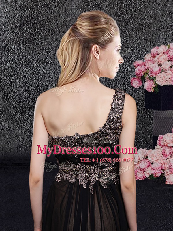 Black Tulle Side Zipper One Shoulder Sleeveless Floor Length Evening Party Dresses Appliques