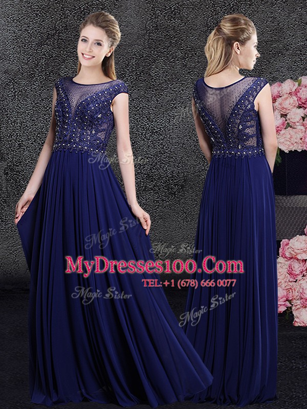 Floor Length Navy Blue Mother Of The Bride Dress Scoop Cap Sleeves Side Zipper