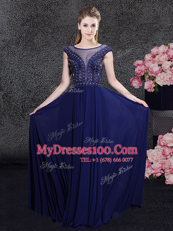 Floor Length Navy Blue Mother Of The Bride Dress Scoop Cap Sleeves Side Zipper