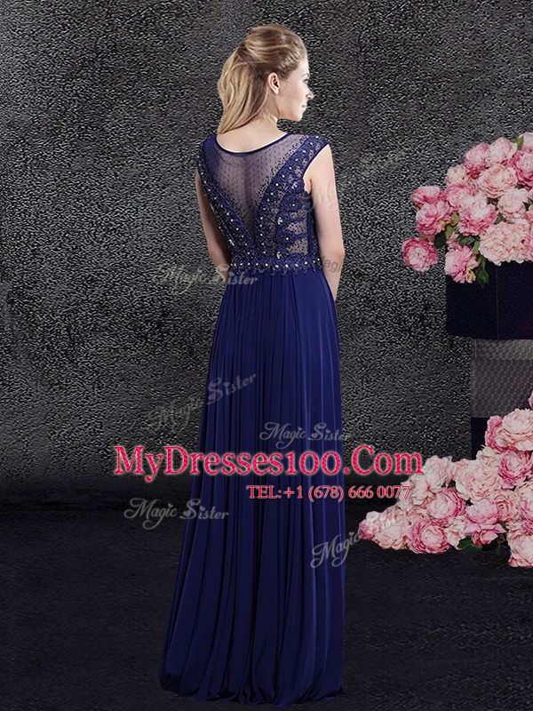 Floor Length Navy Blue Mother Of The Bride Dress Scoop Cap Sleeves Side Zipper