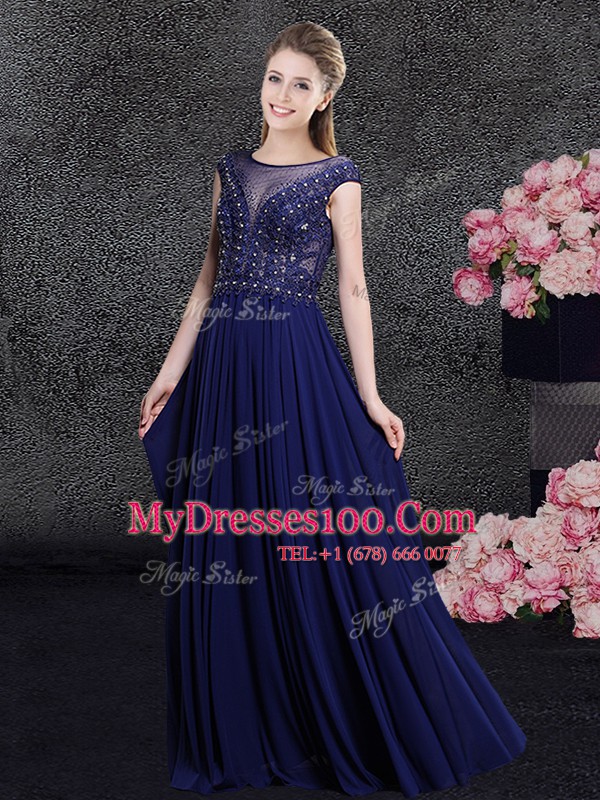 Floor Length Navy Blue Mother Of The Bride Dress Scoop Cap Sleeves Side Zipper