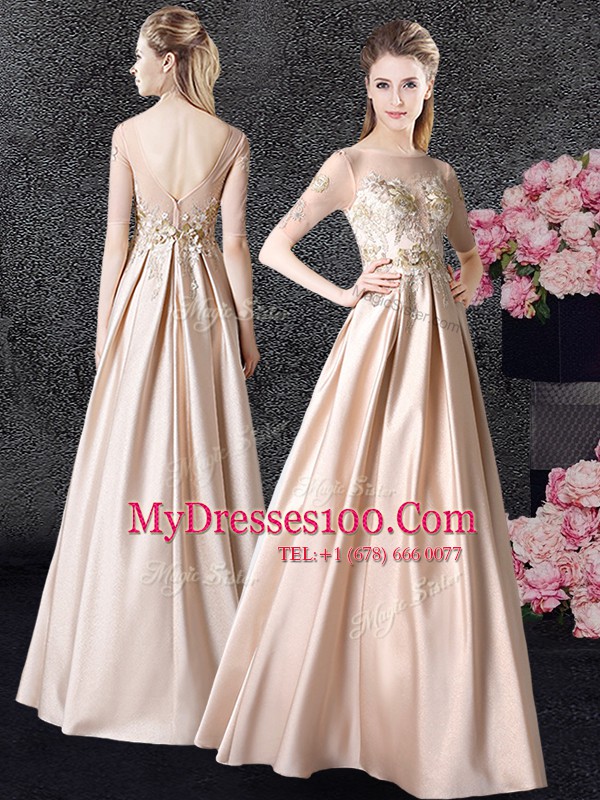 Clearance Champagne Taffeta Zipper Scoop Half Sleeves Floor Length Homecoming Dress Appliques