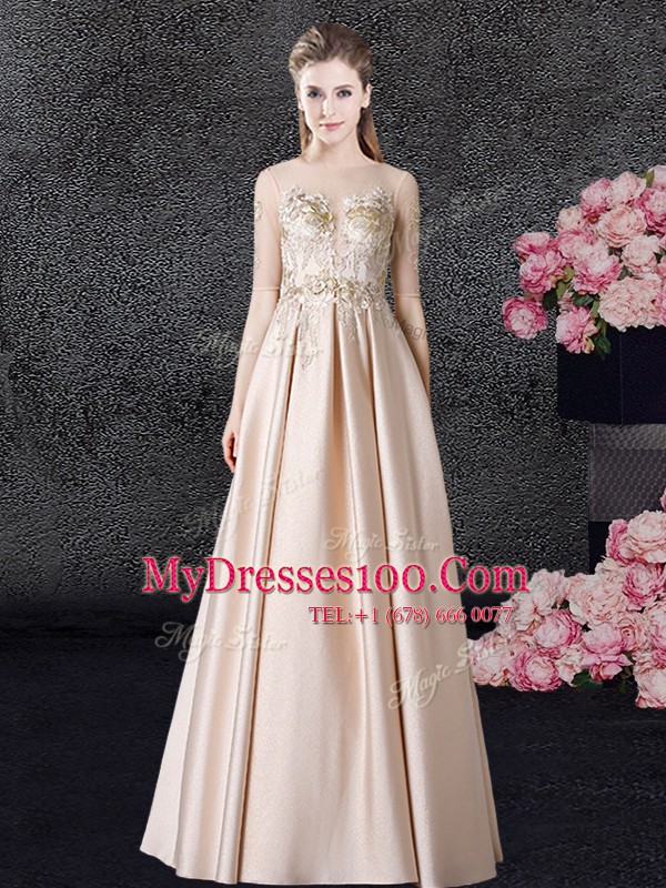 Clearance Champagne Taffeta Zipper Scoop Half Sleeves Floor Length Homecoming Dress Appliques