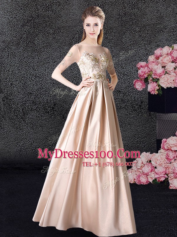 Clearance Champagne Taffeta Zipper Scoop Half Sleeves Floor Length Homecoming Dress Appliques