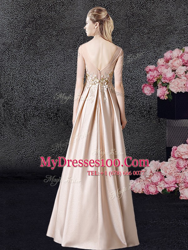 Clearance Champagne Taffeta Zipper Scoop Half Sleeves Floor Length Homecoming Dress Appliques
