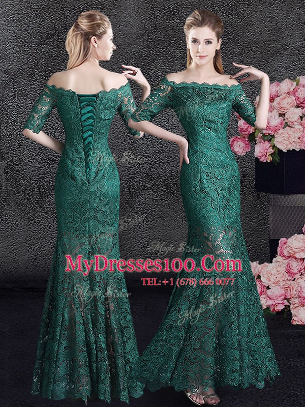 Mermaid Scalloped Dark Green Half Sleeves Floor Length Lace Lace Up Evening Outfits
