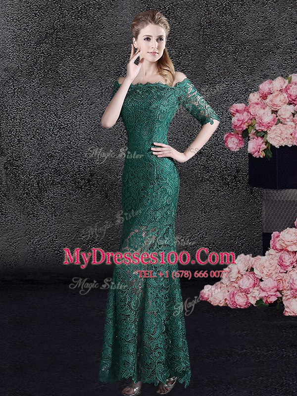 Mermaid Scalloped Dark Green Half Sleeves Floor Length Lace Lace Up Evening Outfits