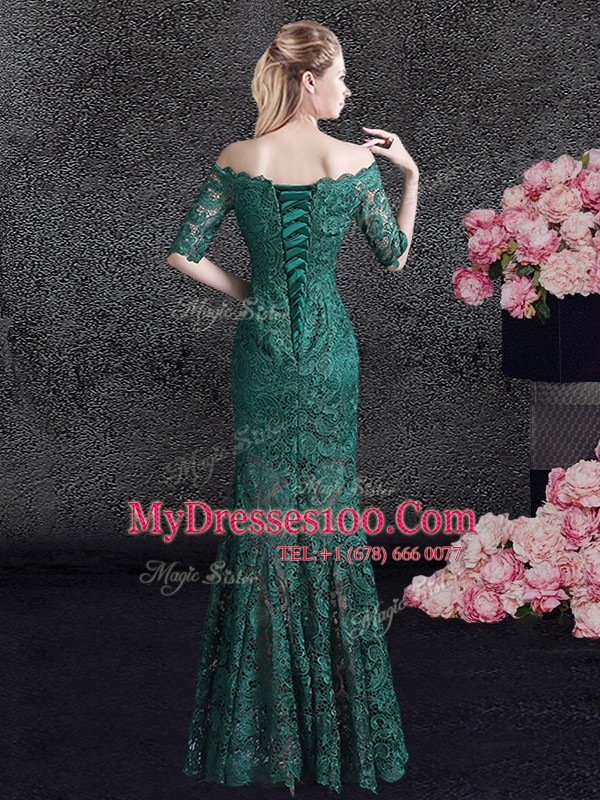 Mermaid Scalloped Dark Green Half Sleeves Floor Length Lace Lace Up Evening Outfits