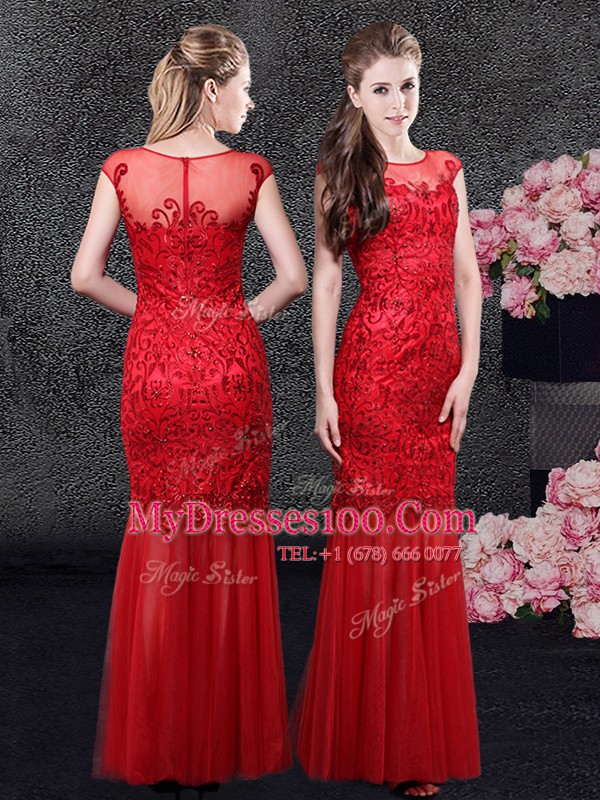 Mermaid Scoop Tulle Cap Sleeves Floor Length Formal Evening Gowns and Lace