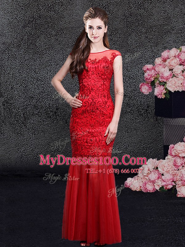 Mermaid Scoop Tulle Cap Sleeves Floor Length Formal Evening Gowns and Lace