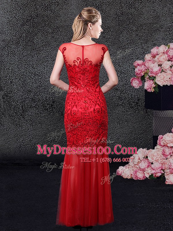 Mermaid Scoop Tulle Cap Sleeves Floor Length Formal Evening Gowns and Lace