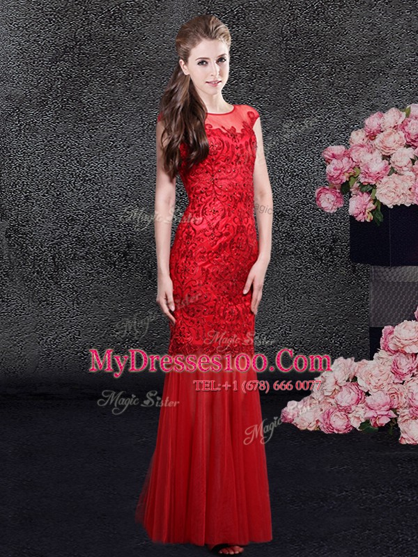 Mermaid Scoop Tulle Cap Sleeves Floor Length Formal Evening Gowns and Lace