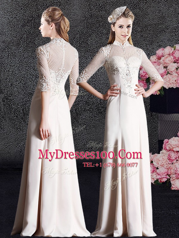 Enchanting High-neck Half Sleeves Zipper Prom Evening Gown Champagne Satin