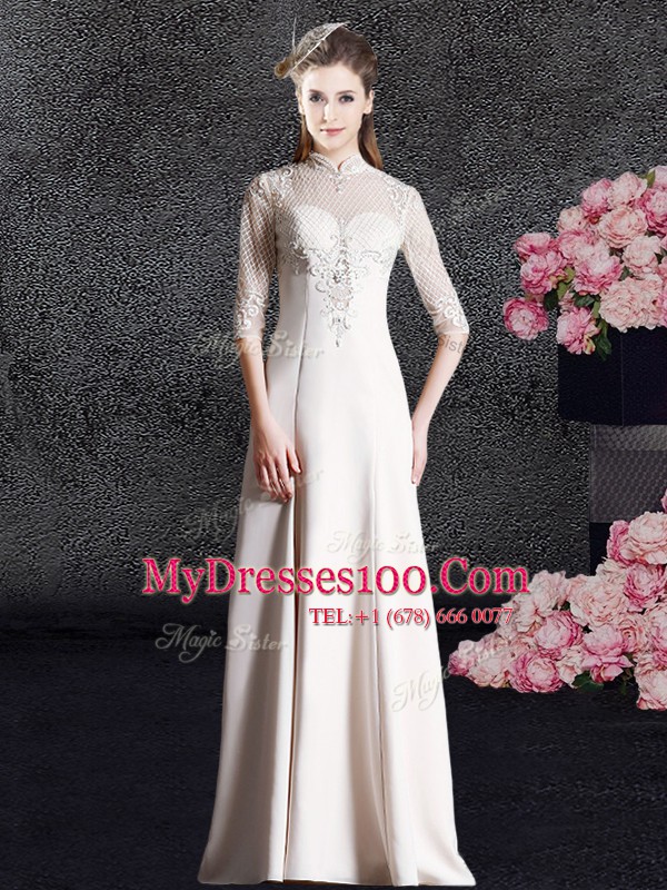 Enchanting High-neck Half Sleeves Zipper Prom Evening Gown Champagne Satin