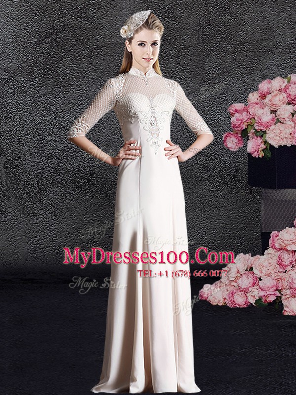 Enchanting High-neck Half Sleeves Zipper Prom Evening Gown Champagne Satin