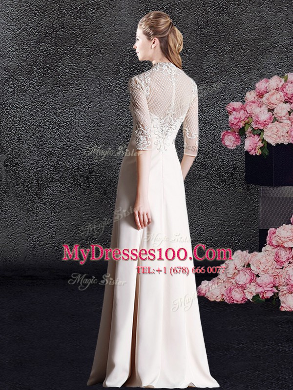 Enchanting High-neck Half Sleeves Zipper Prom Evening Gown Champagne Satin