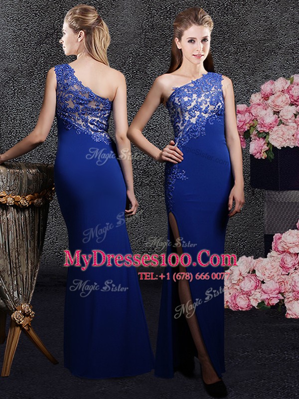 Super One Shoulder Royal Blue Sleeveless Floor Length Lace and Appliques Side Zipper Evening Dress