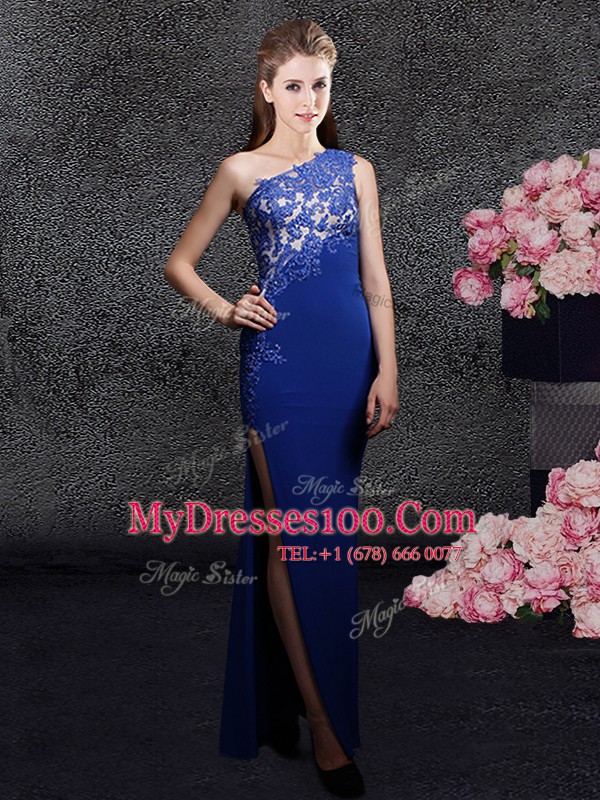 Super One Shoulder Royal Blue Sleeveless Floor Length Lace and Appliques Side Zipper Evening Dress