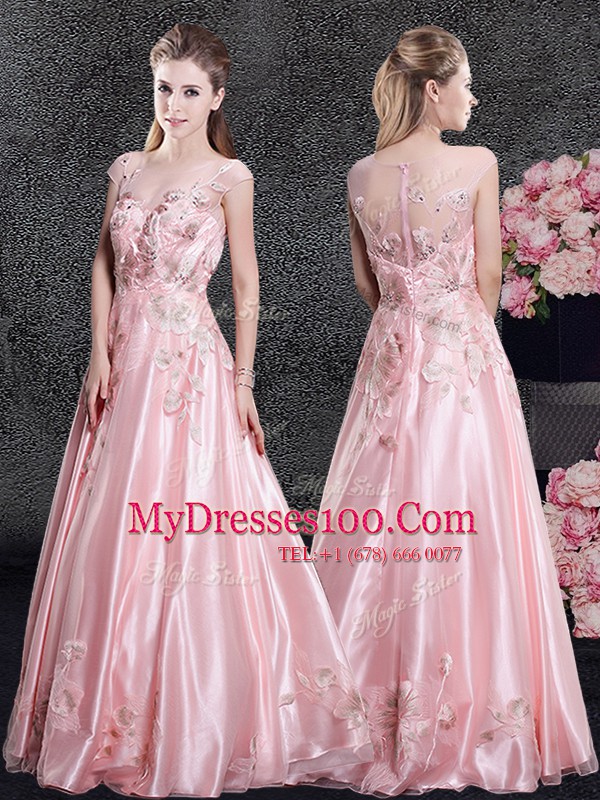 Exquisite Scoop Baby Pink Cap Sleeves Floor Length Appliques Zipper
