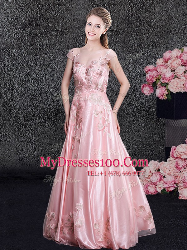 Exquisite Scoop Baby Pink Cap Sleeves Floor Length Appliques Zipper