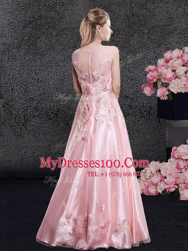 Exquisite Scoop Baby Pink Cap Sleeves Floor Length Appliques Zipper