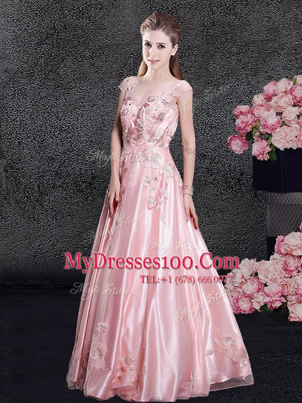 Exquisite Scoop Baby Pink Cap Sleeves Floor Length Appliques Zipper