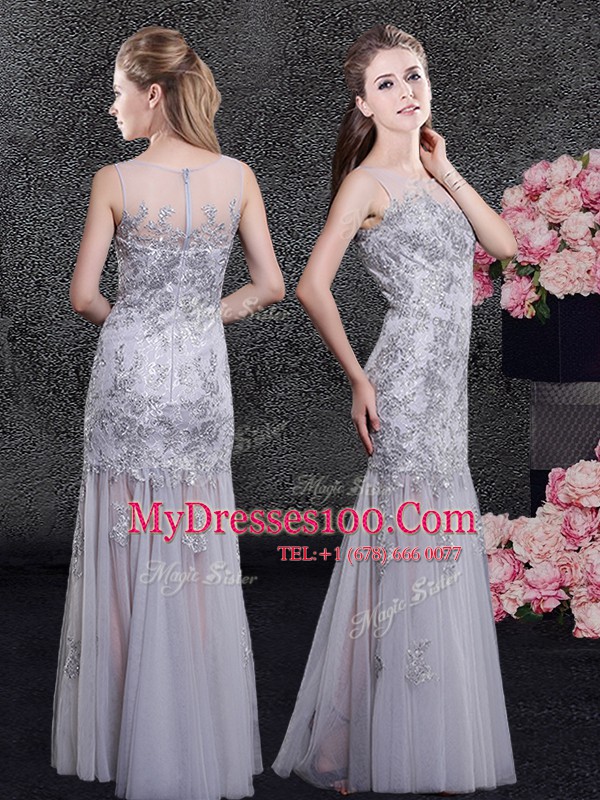 Fashion Floor Length Grey Prom Party Dress Scoop Sleeveless Zipper