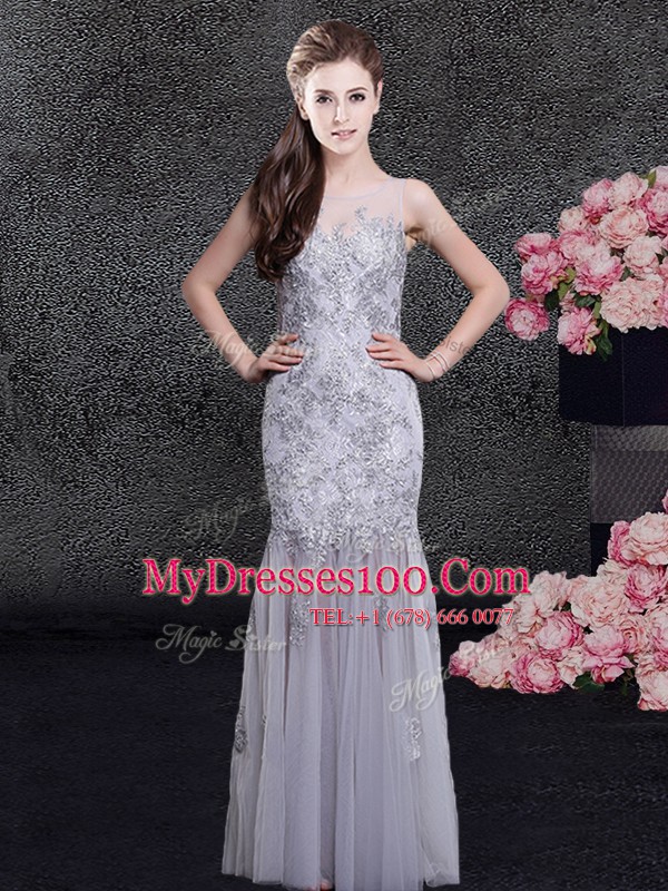 Fashion Floor Length Grey Prom Party Dress Scoop Sleeveless Zipper