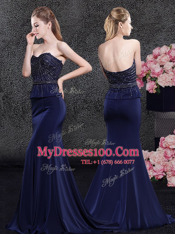 Flirting Mermaid Sweetheart Sleeveless With Brush Train Beading Navy Blue Satin